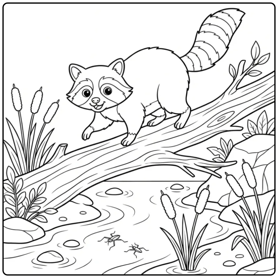 Raccoon coloring page balancing on a branch above a creek