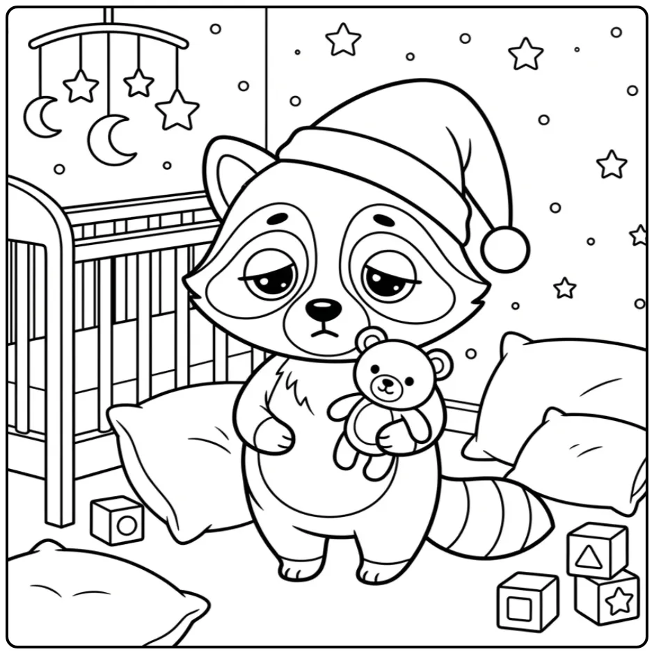 Baby raccoon coloring page with a sleep cap and teddy bear in bed