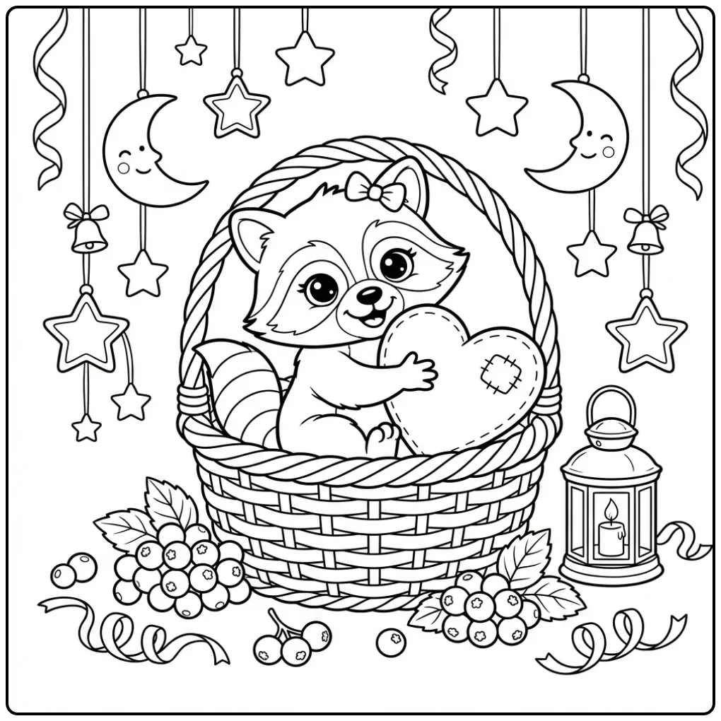 Baby raccoon coloring page in a basket with a heart pillow