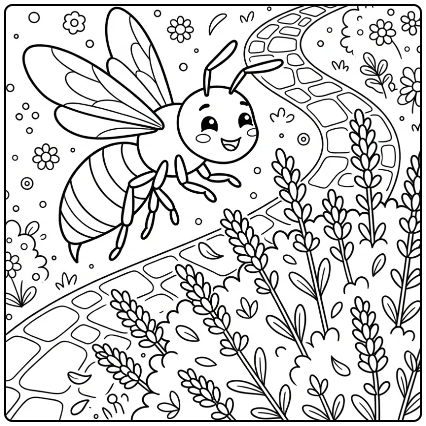 Happy wasp coloring page among flowers