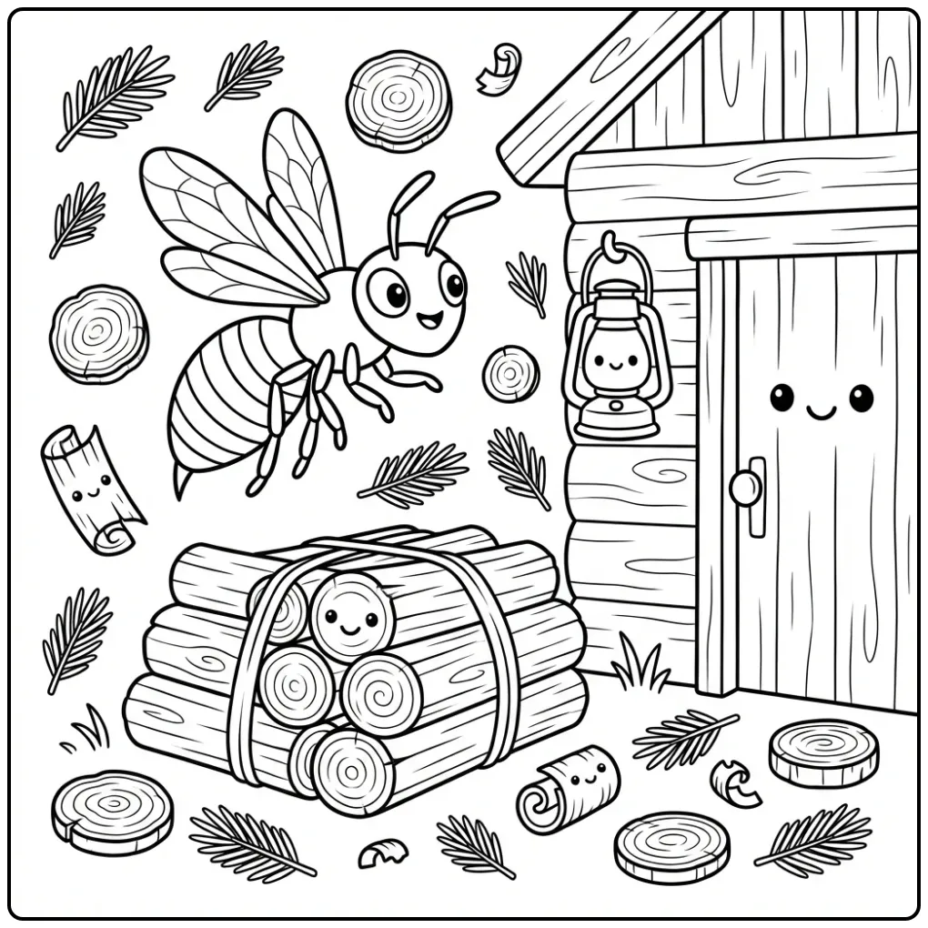 Happy wasp coloring page flying by cabin firewood
