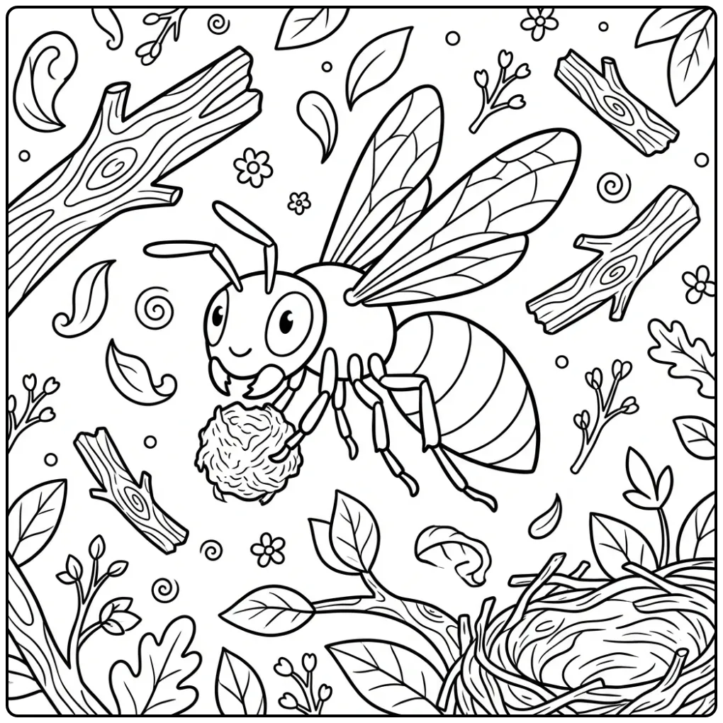 Flying wasp coloring page carrying wood for a nest