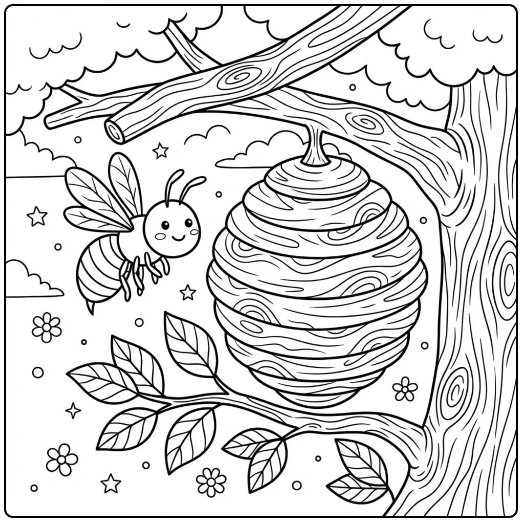 Cute wasp coloring page hovering by a paper nest