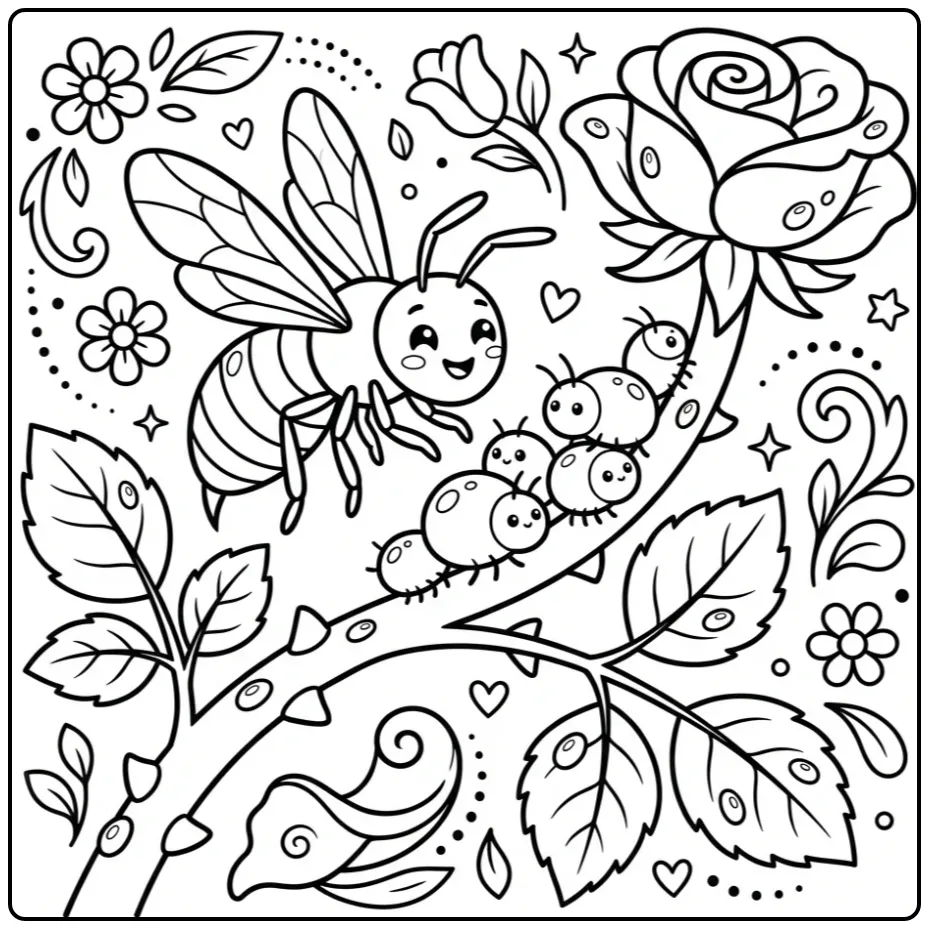 Cute wasp coloring page looking for aphids among roses