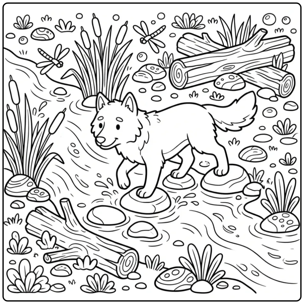 Wolf coloring page showing a wolf crossing a river