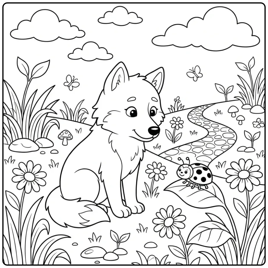 Wolf coloring page featuring a wolf with a ladybug