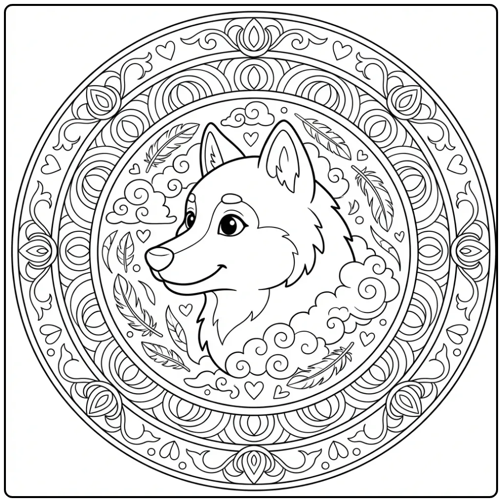 Wolf mandala coloring page featuring a soft wolf profile