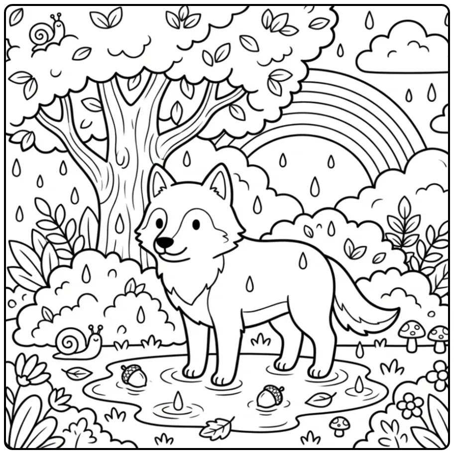 Wolf coloring page showing a wolf under a tree in the rain