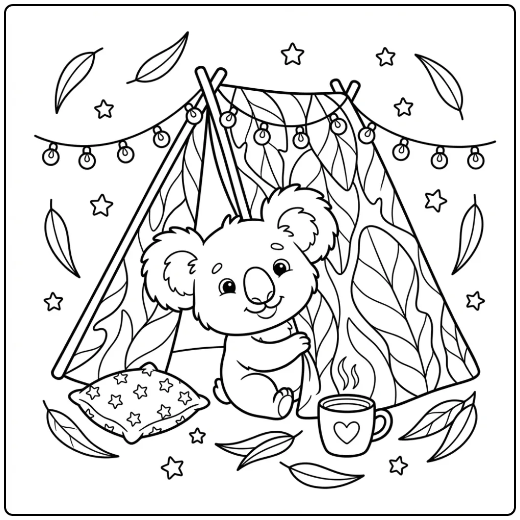 Cute koala coloring page with a pillow and mug