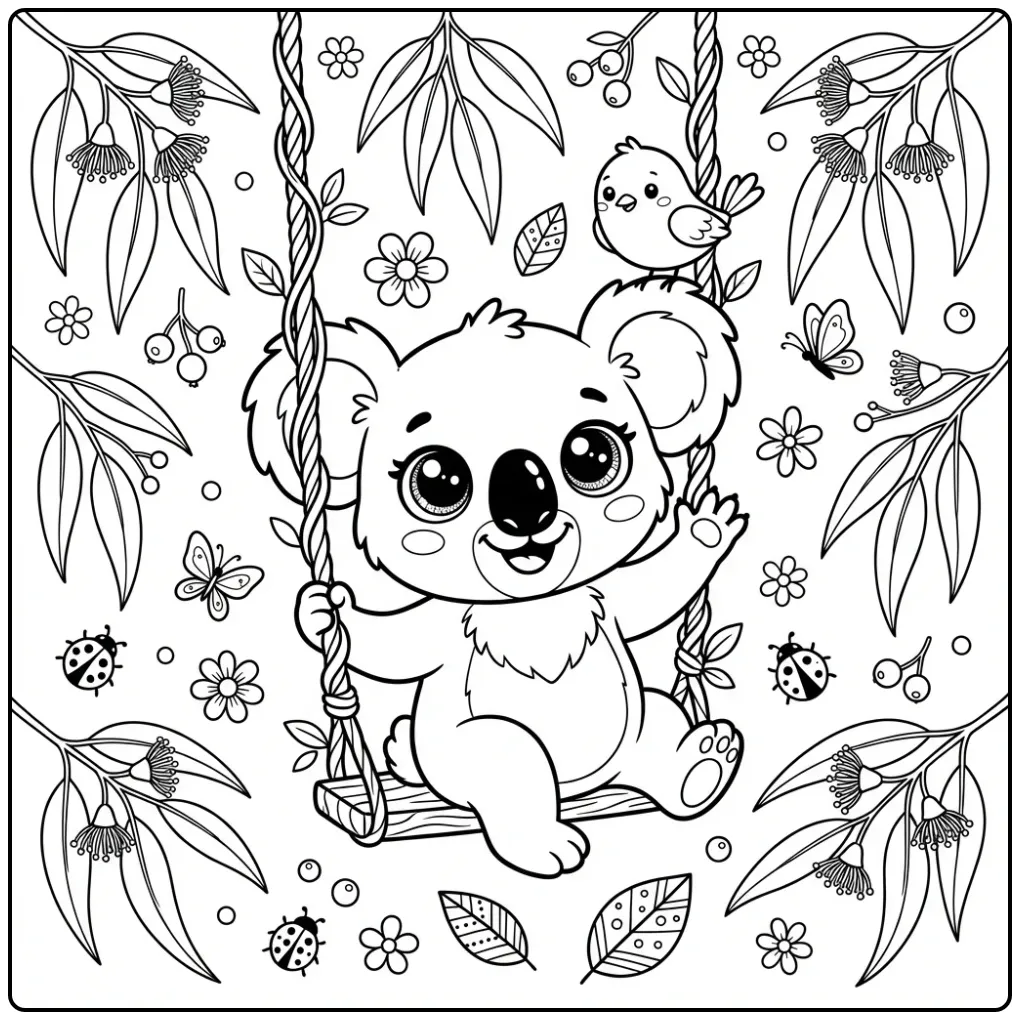 Cute koala coloring page with a bird on a swing
