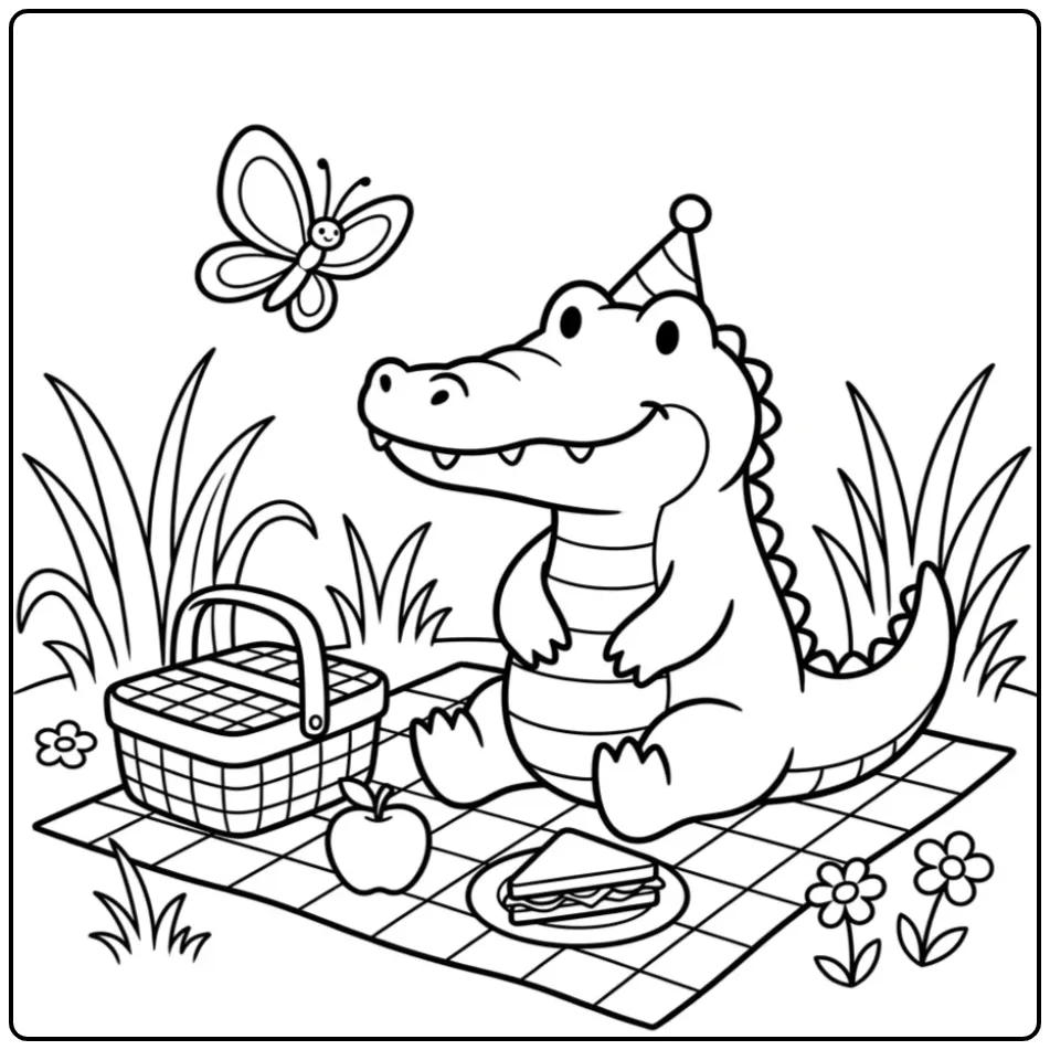 Easy crocodile coloring page featuring a picnic blanket