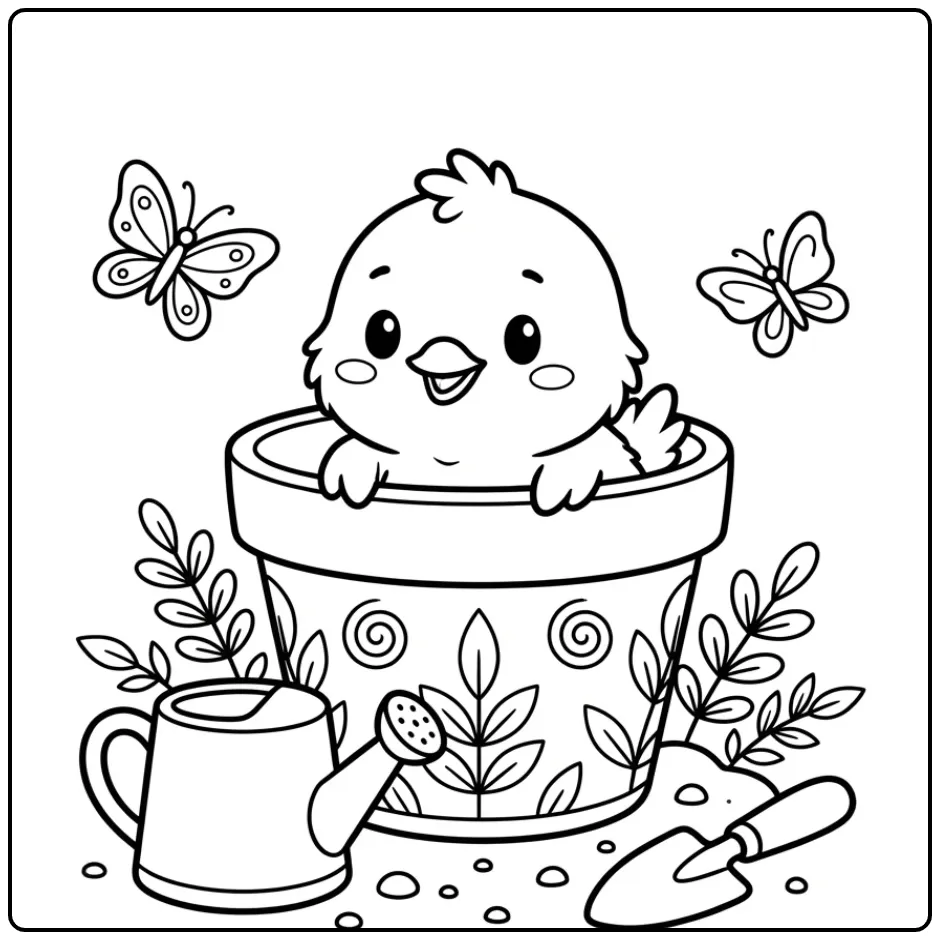 Chick coloring page in a flowerpot with butterflies
