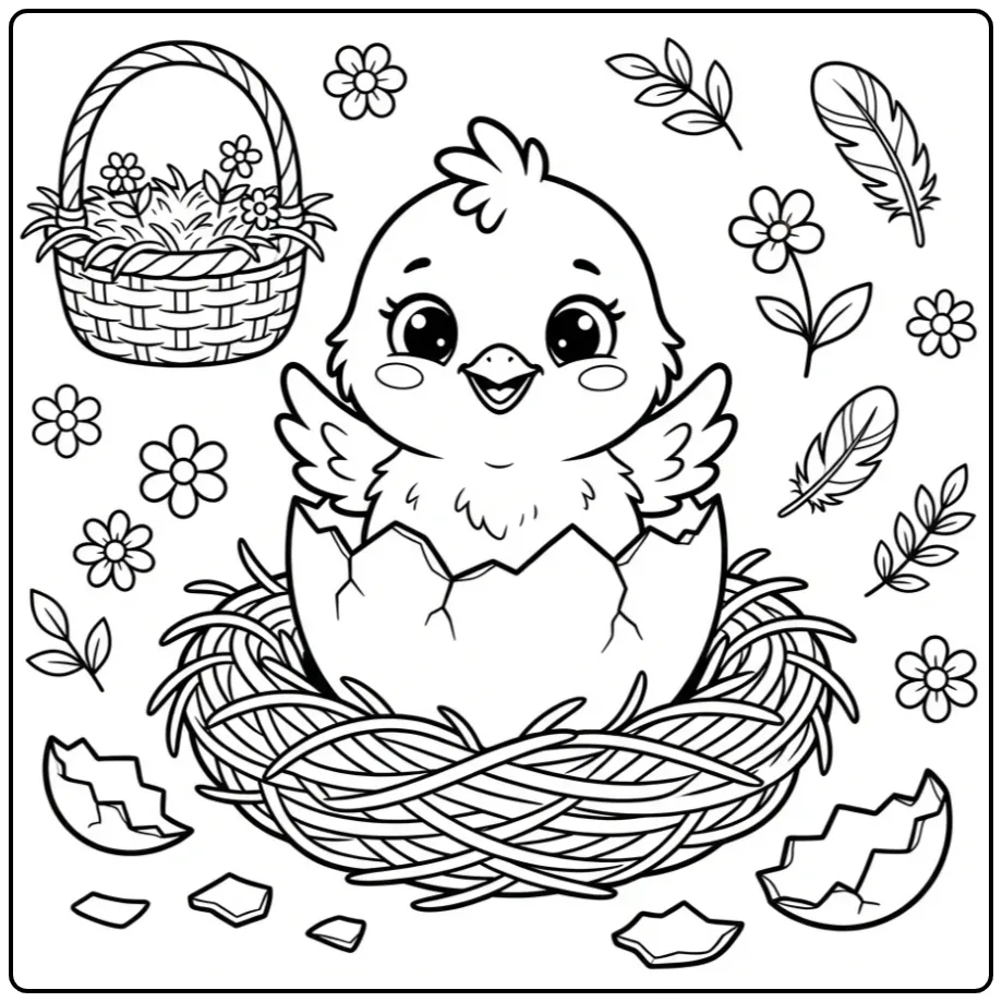 Chick coloring page hatching from an egg in a nest
