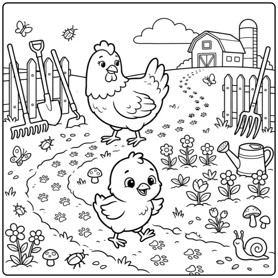 Chick coloring page following mother hen on a farm