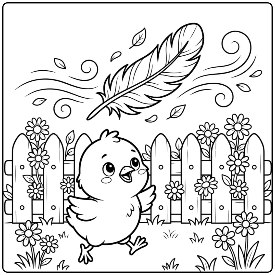 Chick coloring page running after a feather
