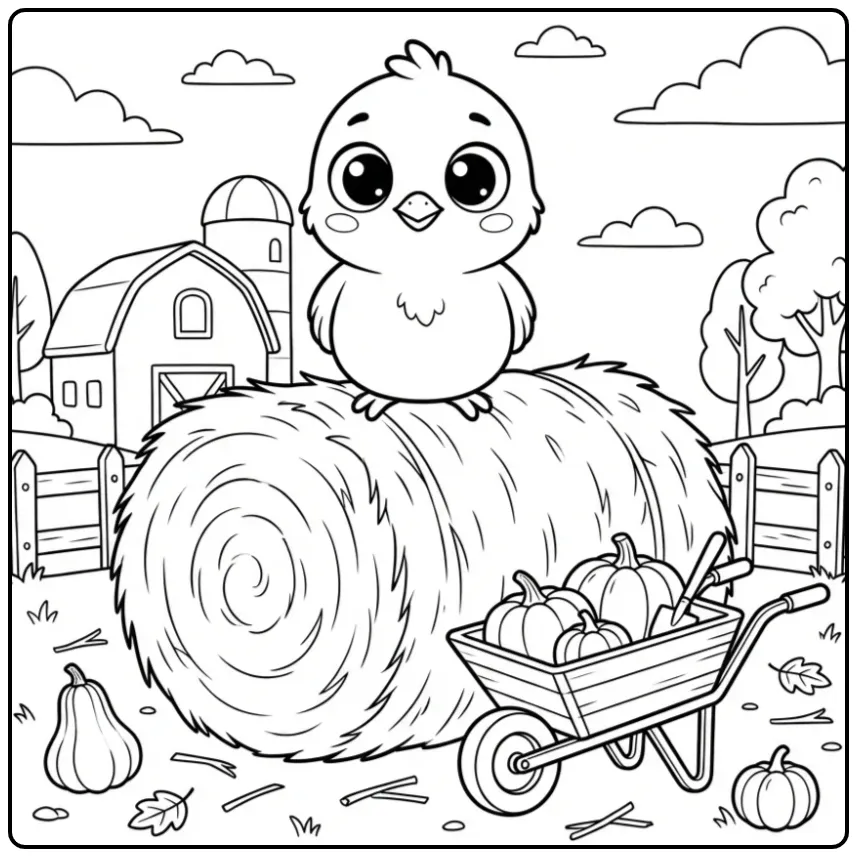 Chick coloring page on a hay bale with pumpkins