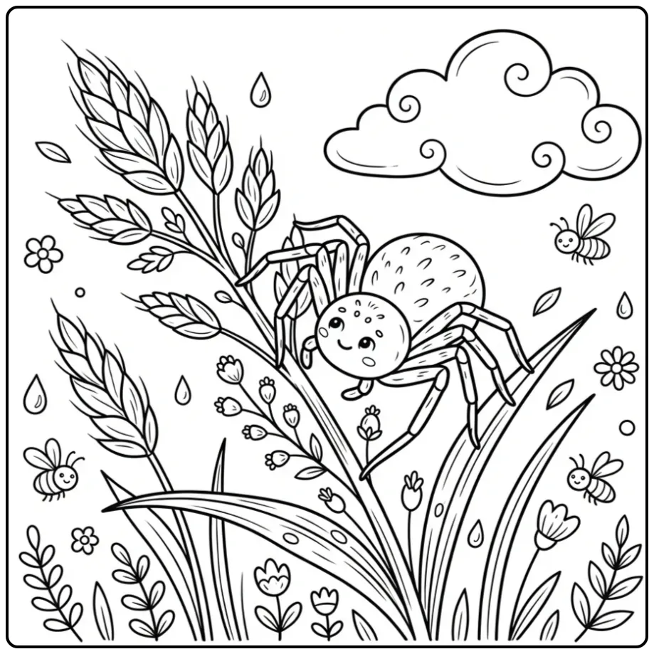 Spider coloring page balancing on grass