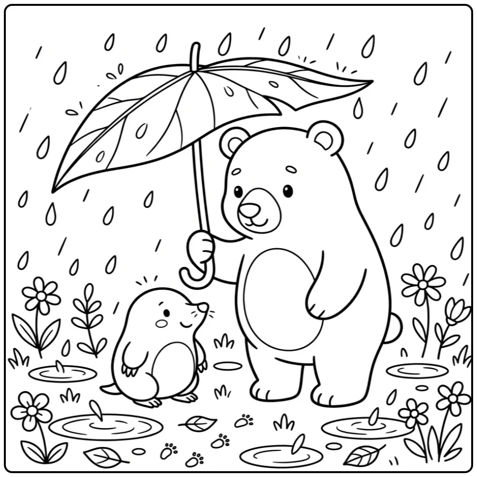 Mole and bear coloring page under a large leaf
