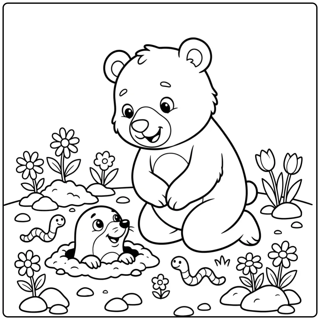 Mole and bear coloring page with worms in a garden