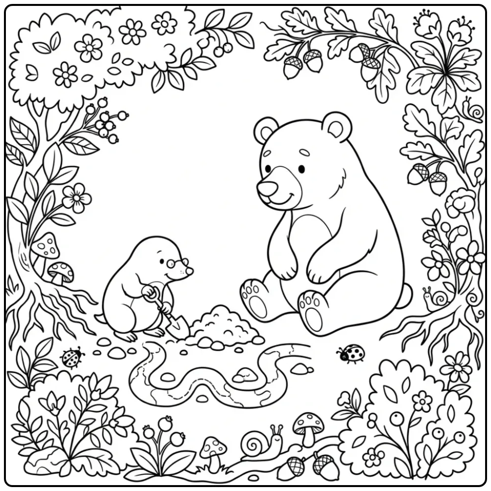 Mole and bear coloring page digging together