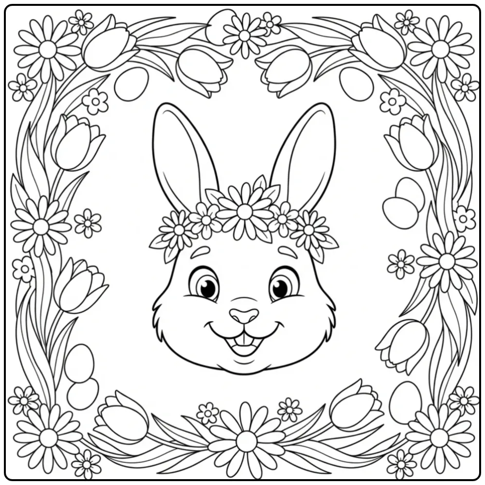 Easter Bunny head coloring page with a flower crown