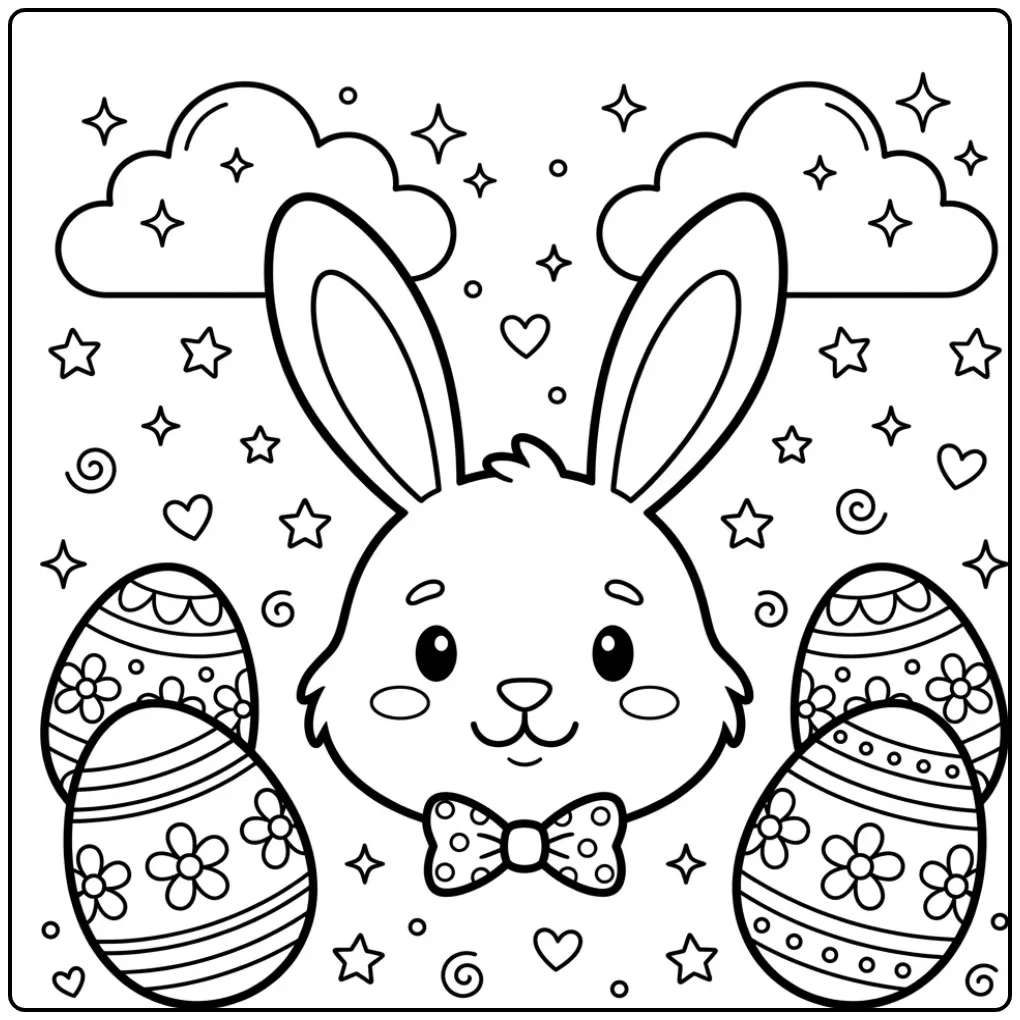 Easter Bunny head coloring page with a bow tie and eggs