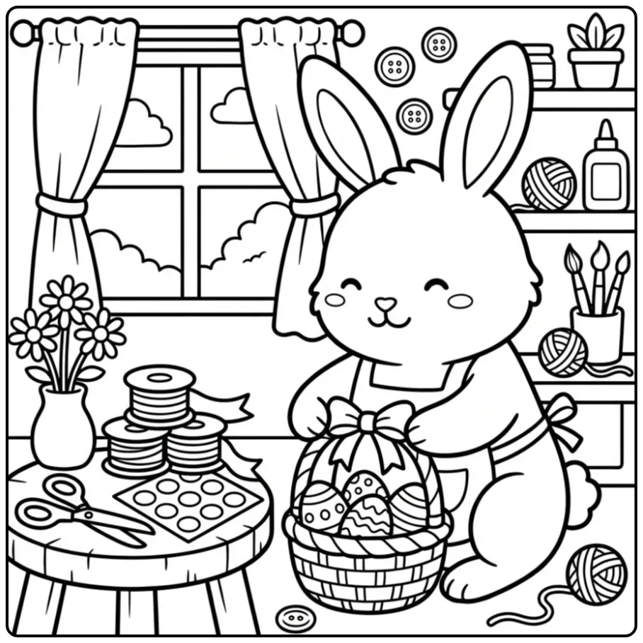 Easter Bunny coloring page crafting with ribbons and eggs