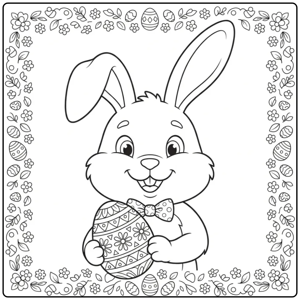 Easter Bunny coloring page with a decorated egg