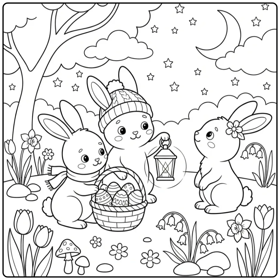 Easter bunnies coloring page under the moon