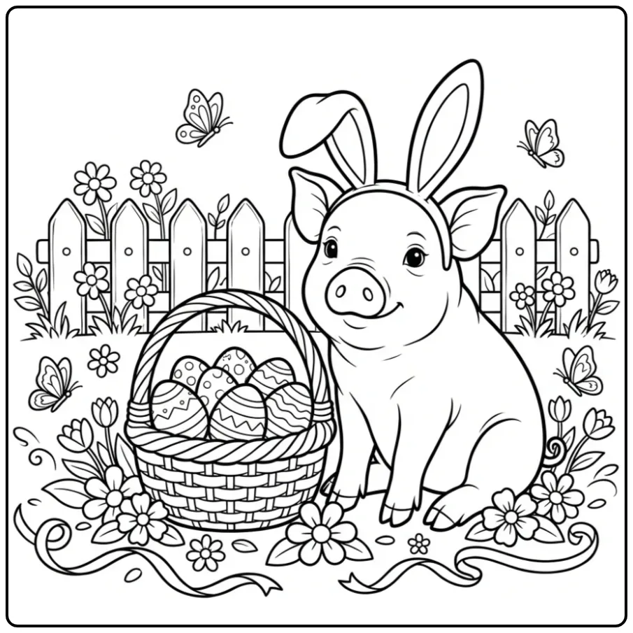 Easter pig coloring page with bunny ears