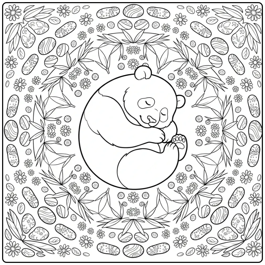 Panda mandala coloring page with bamboo leaves and stones