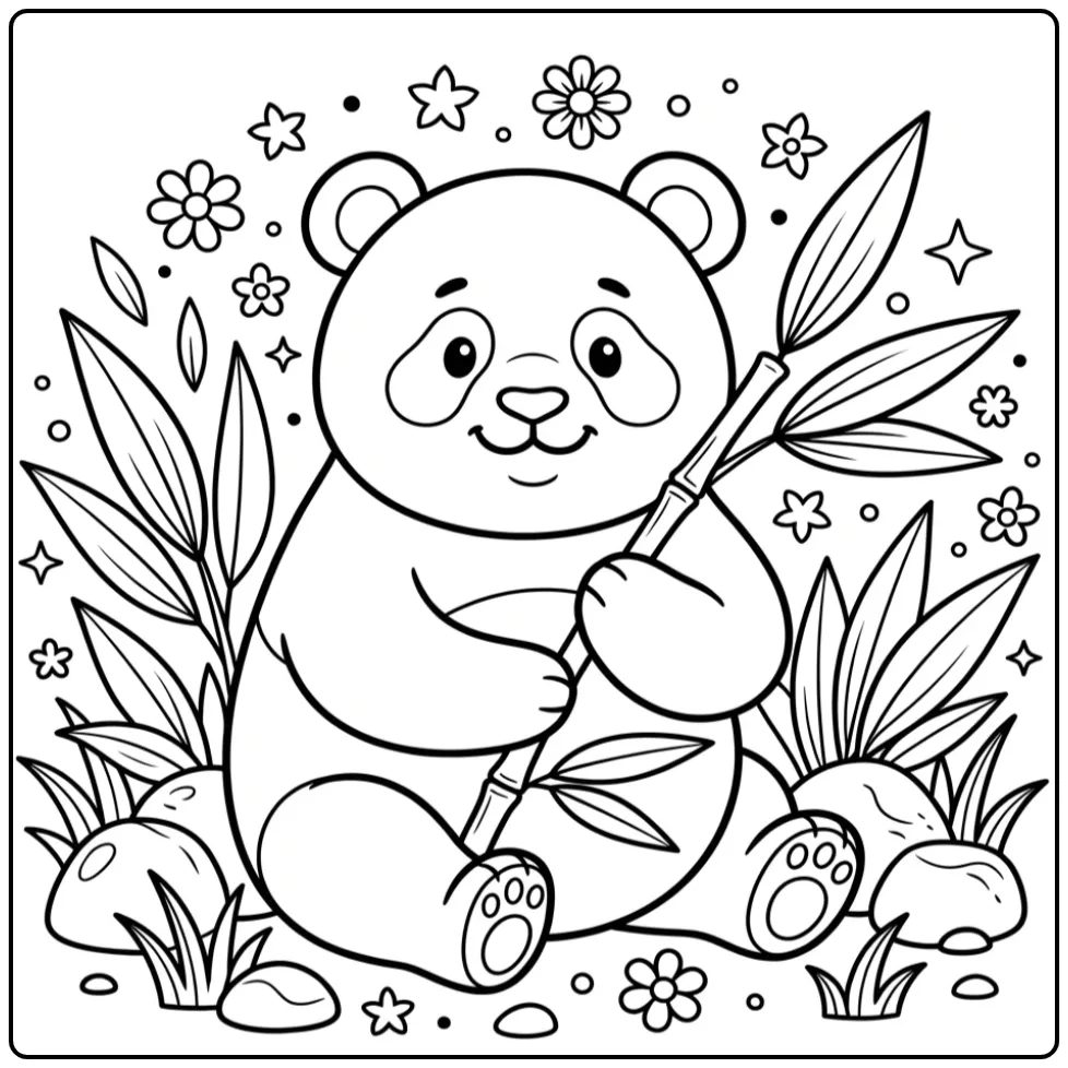 Easy panda coloring page with bamboo and leaves