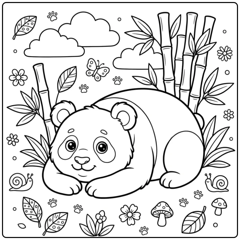 Easy panda coloring page lying between bamboo and clouds