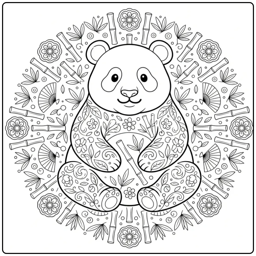 Panda mandala coloring page with bamboo and flowers