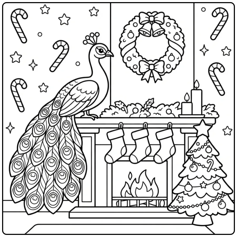 Christmas peacock coloring page by a fireplace