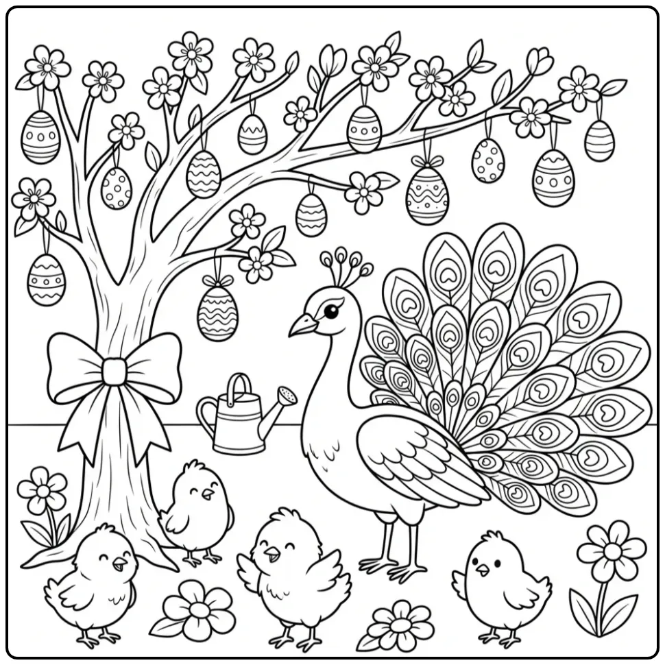 Easter peacock coloring page with chicks and eggs