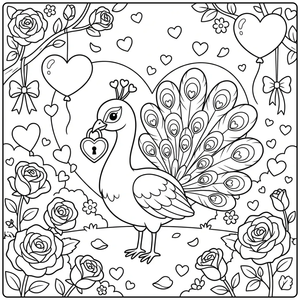 Valentines peacock coloring page with a heart locket