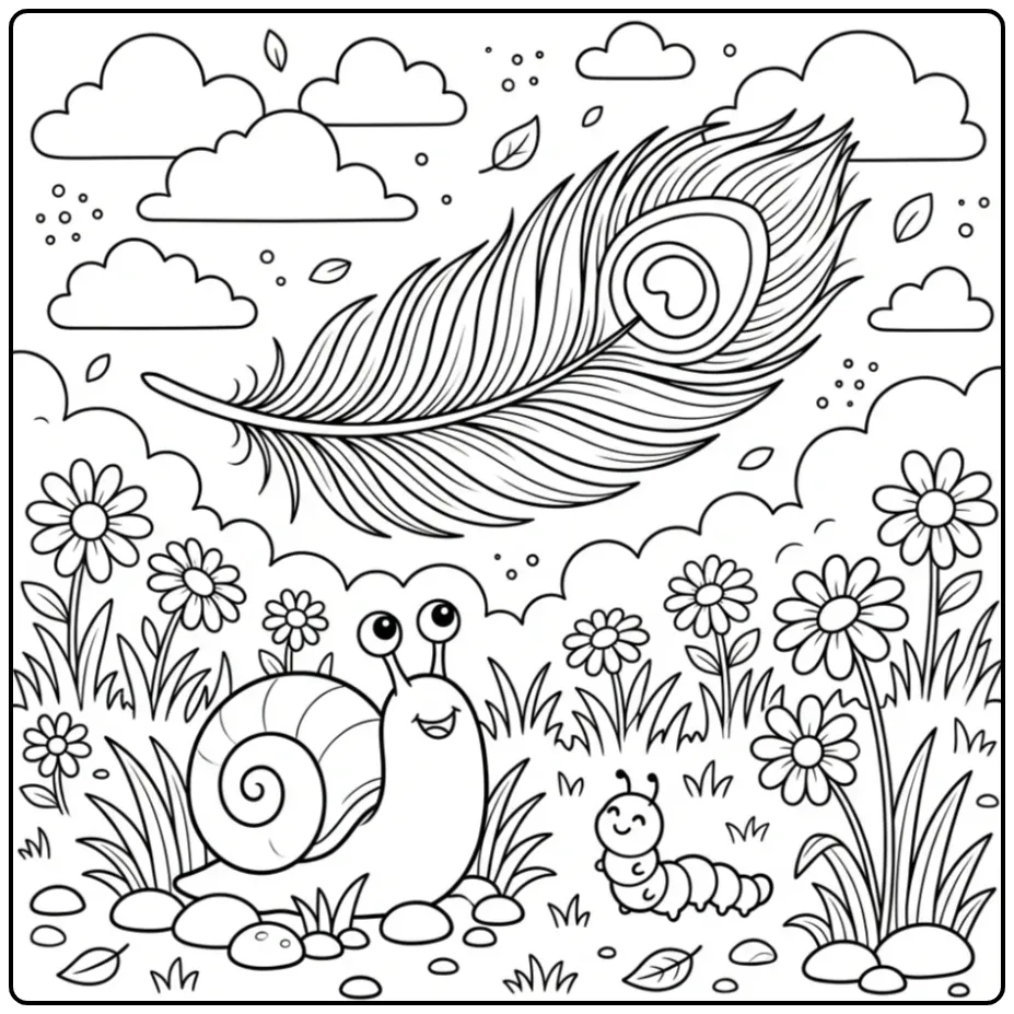 Peacock feather coloring page floating with a snail