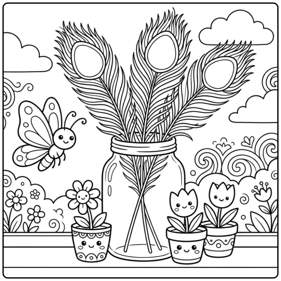 Peacock feather coloring page on a windowsill with flowers