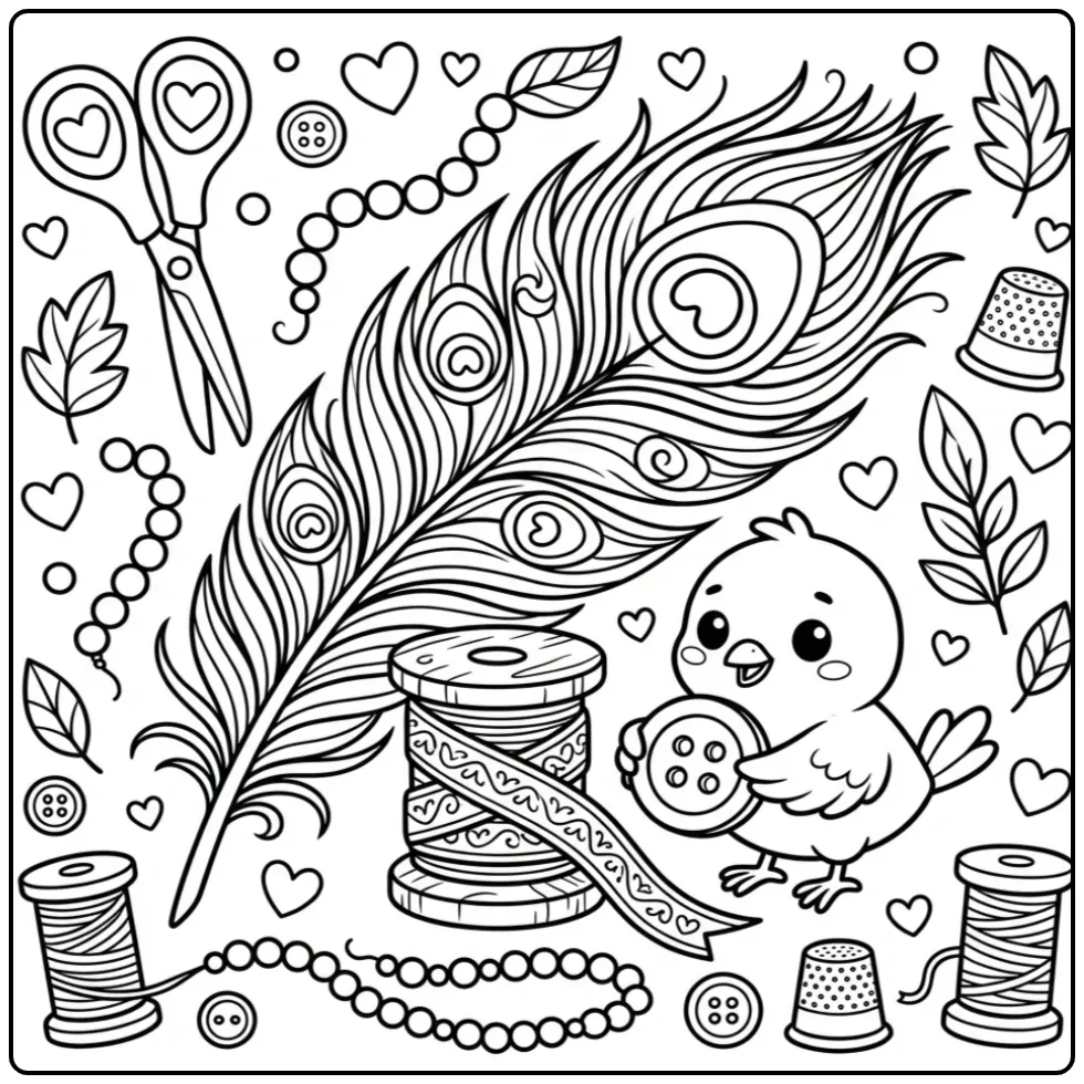 Peacock feather coloring page on a ribbon spool with beads