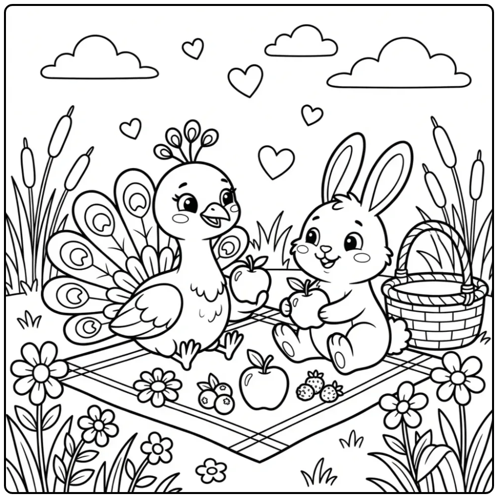 Peacock coloring page with a rabbit on a picnic blanket