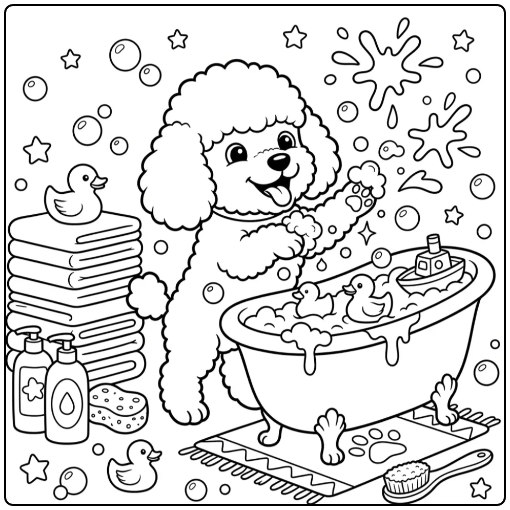 Cute Poodle Puppy in a Bath with Rubber Ducks coloring page