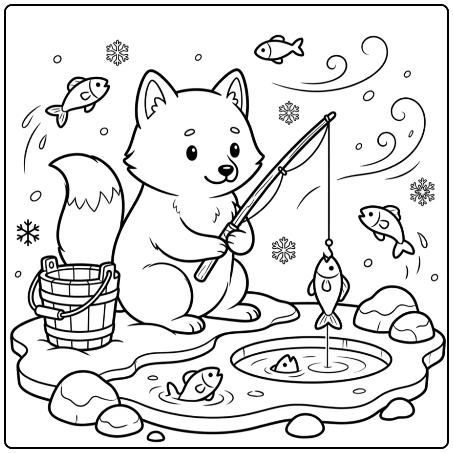 Arctic fox coloring page fishing by an ice hole