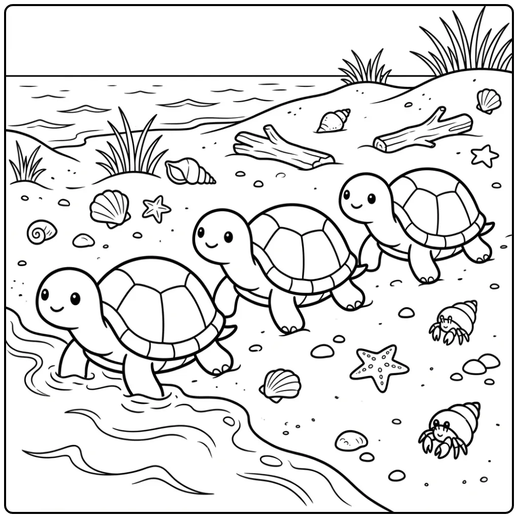 Turtles coloring page with three turtles on the beach