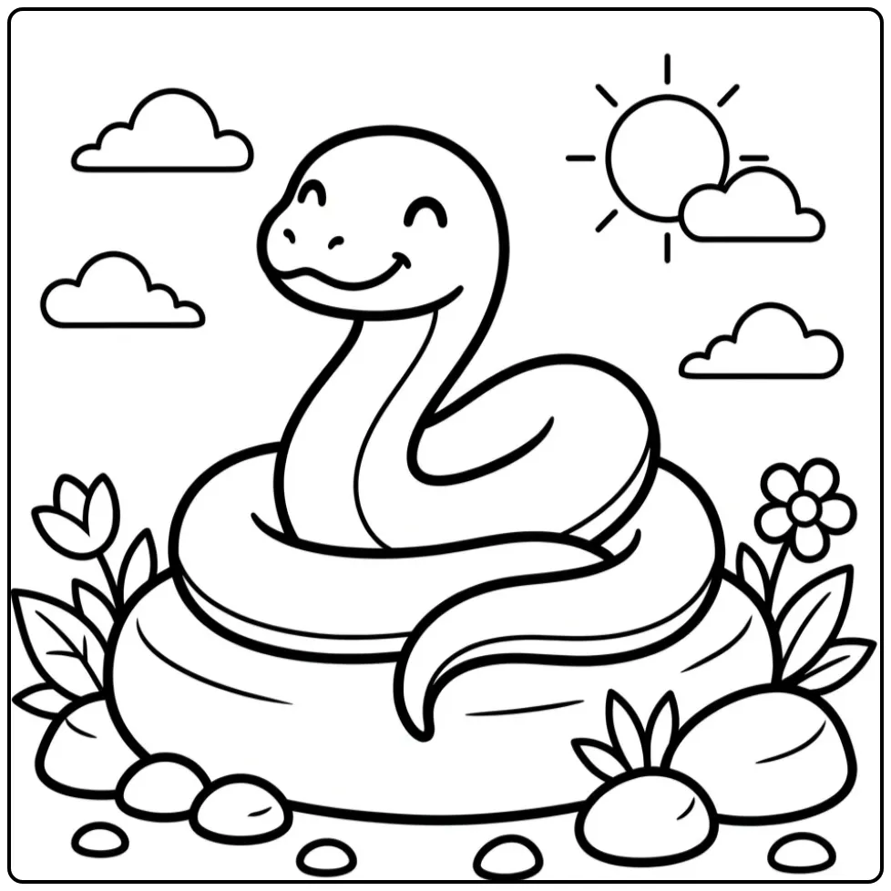 Easy snake coloring page featuring a snake on a large rock