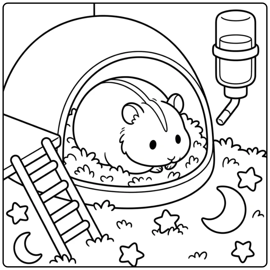 Dwarf Hamster coloring page curled in a house