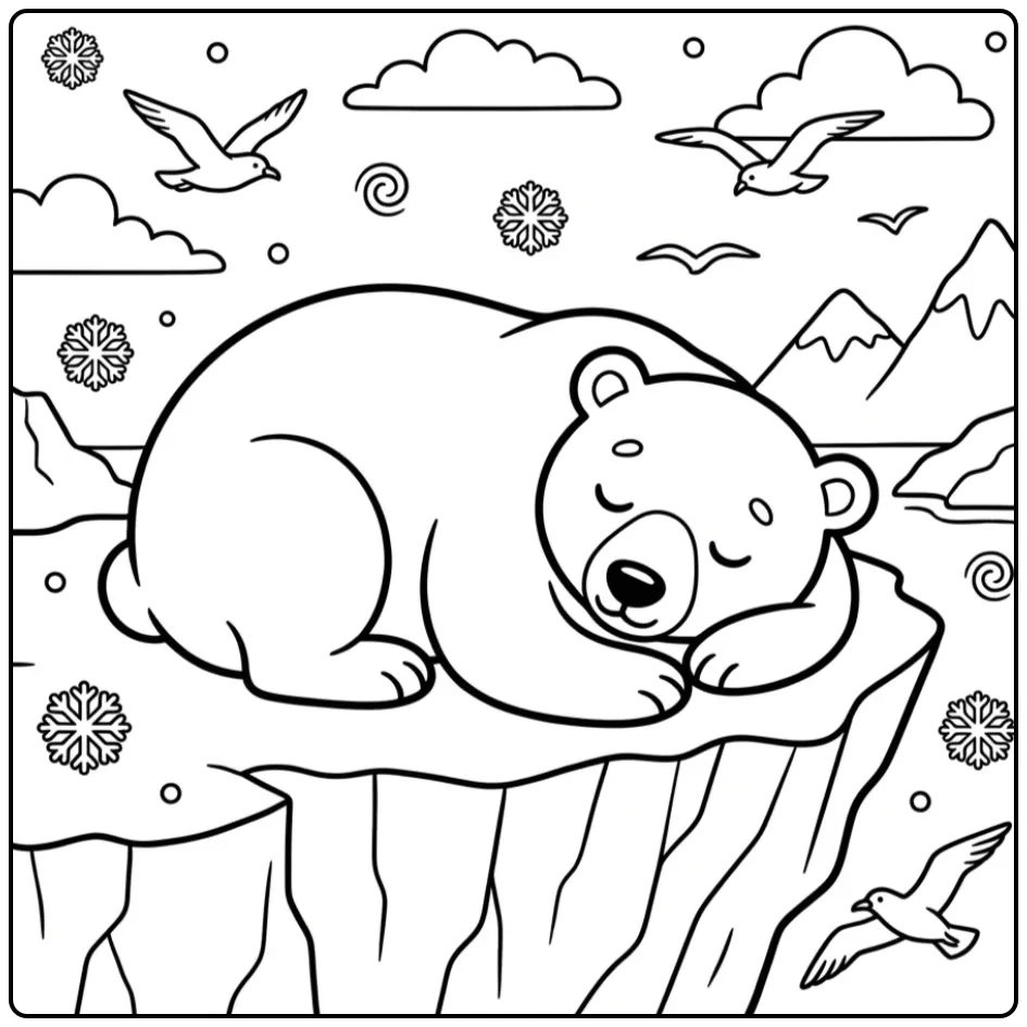 Polar bear coloring page resting on an ice floe