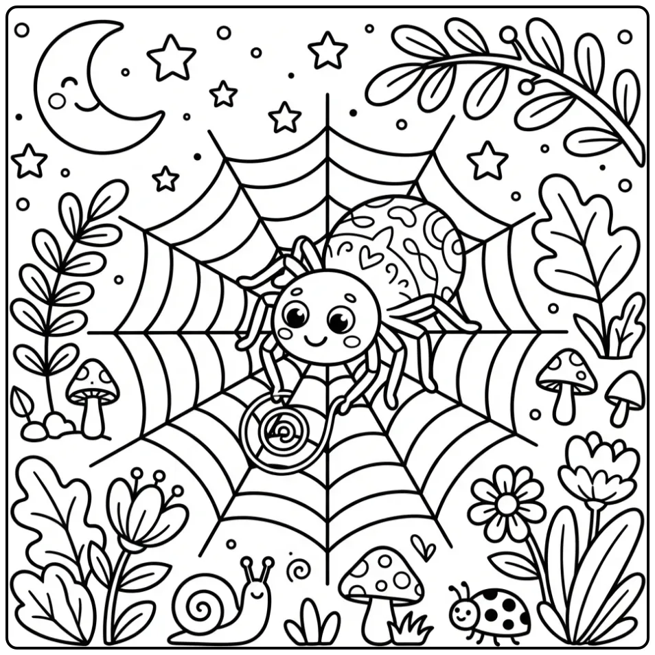 Spider coloring page weaving a web by moonlight