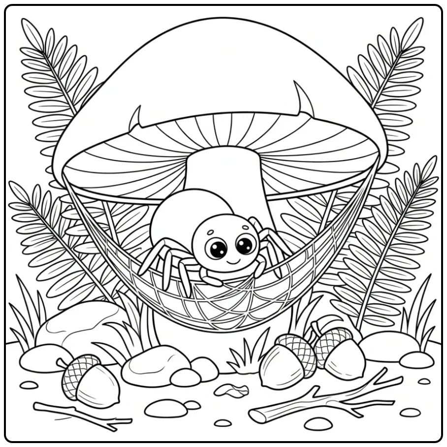 Small spider coloring page with a web under a mushroom