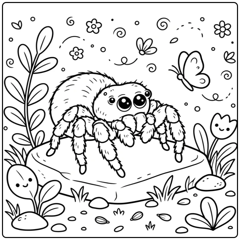 Jumping spider coloring page on a stone with a butterfly